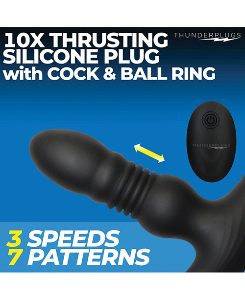 Vibromasseur en silicone ThunderPlugs 10X avec anneau pénien et scrotal et télécommande - Noir
