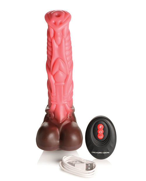 Criatura Cocks Deluxe Dildo de silicona vibrador y de empuje con control remoto - Melocotón/Marrón