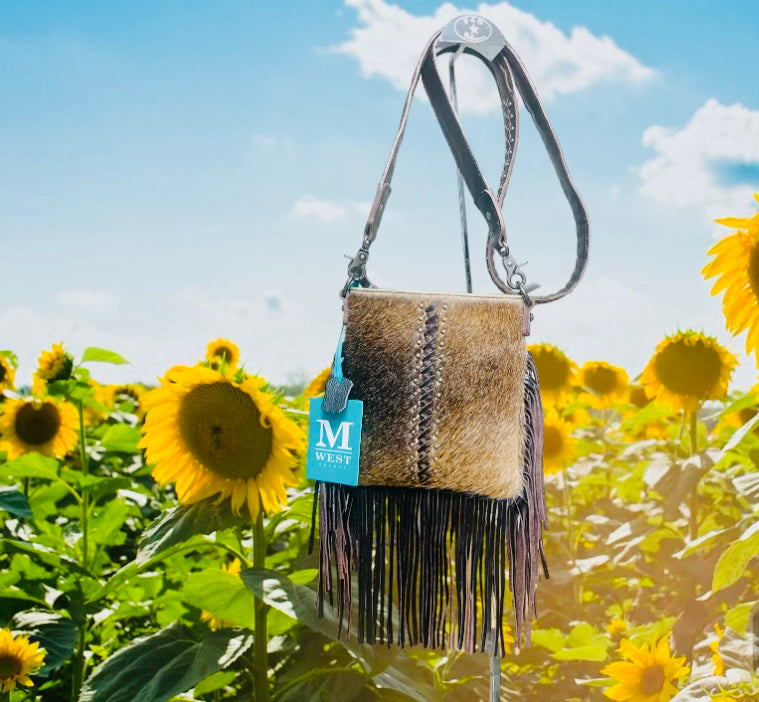 Sac bandoulière Montana West en cuir véritable à franges avec motif en cuir détaillé - Café