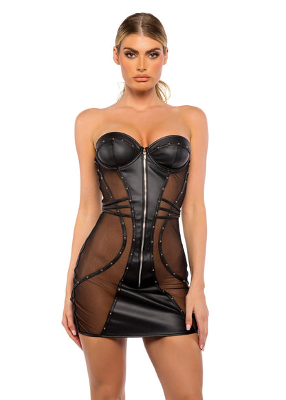 Vestido negro de satén y cuero