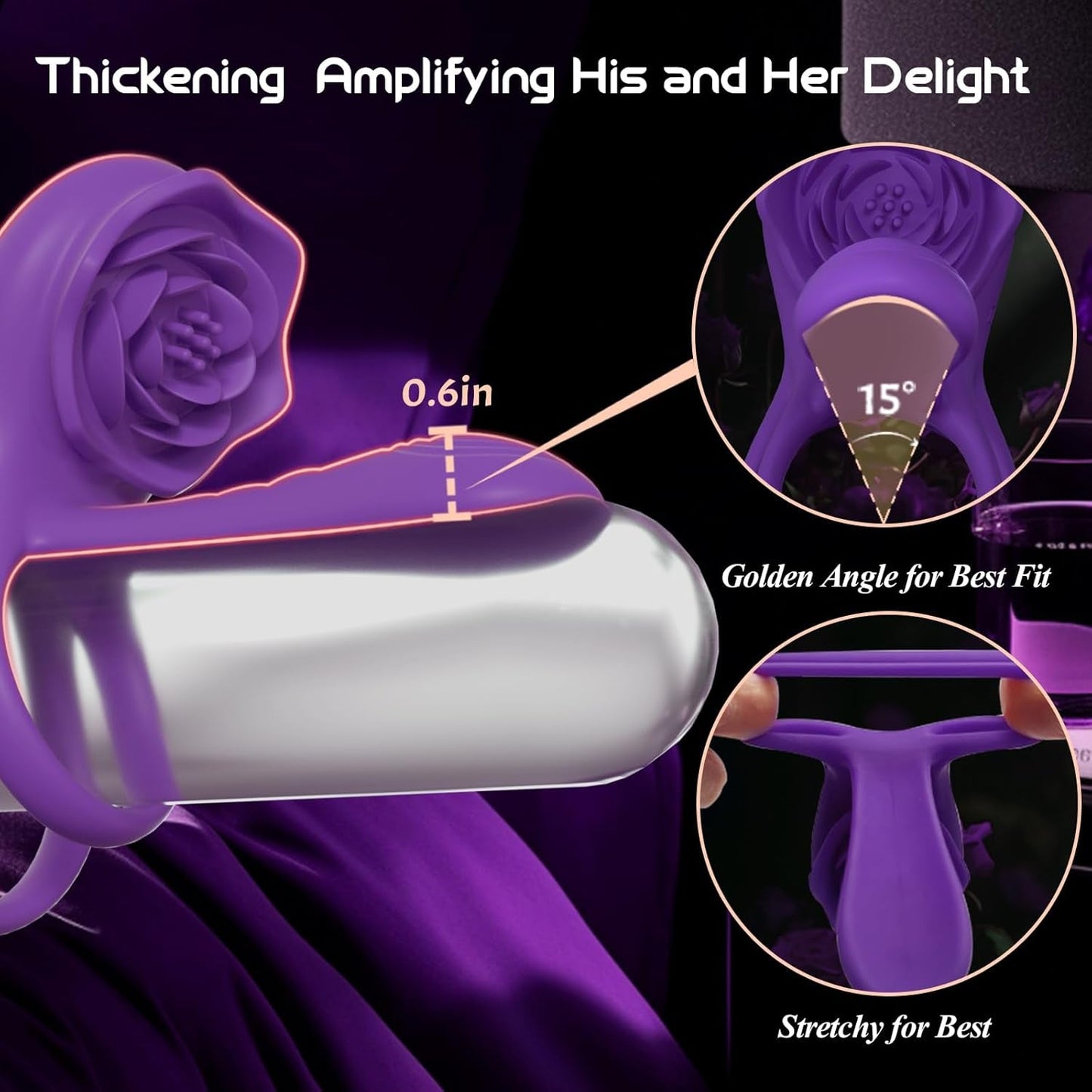 Anillo para pene, funda de aumento de grosor y vibrador de clítoris VioletPetal Rose de 9 modos