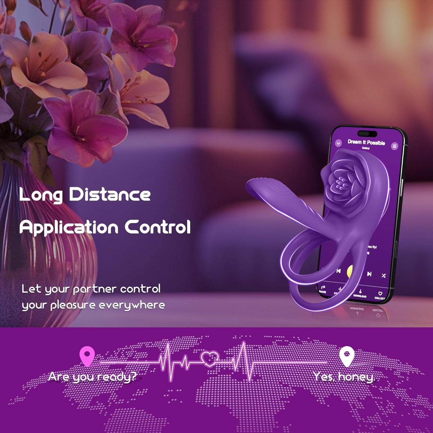 Anillo para pene, funda de aumento de grosor y vibrador de clítoris VioletPetal Rose de 9 modos