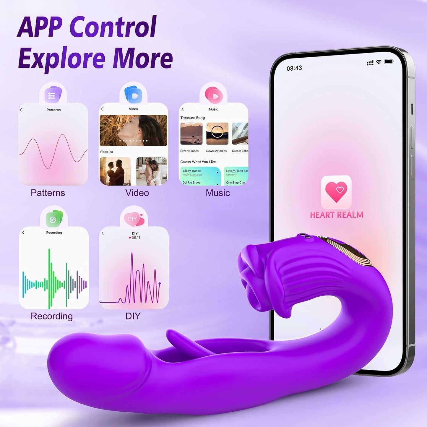 Vibrador de conejo con control por aplicación CommandRose, 9 modos, aleteo