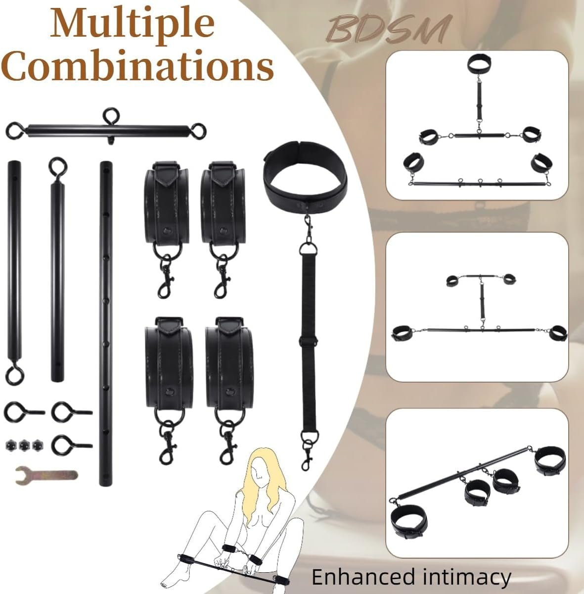 Kit BDSM con barra separadora de cuero PU SteelLeather