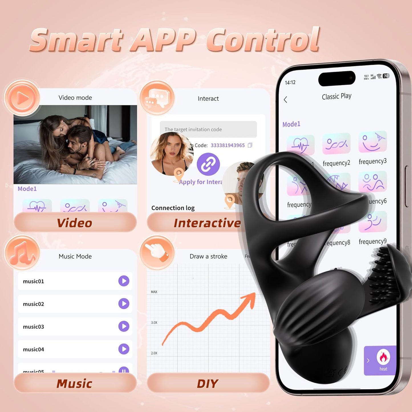 Anillo vibrador para pene con control por aplicación BallSync y ajuste para testículos