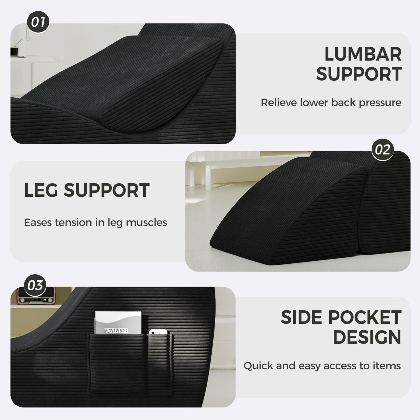 Chaise longue ergonomique noire Passion Support