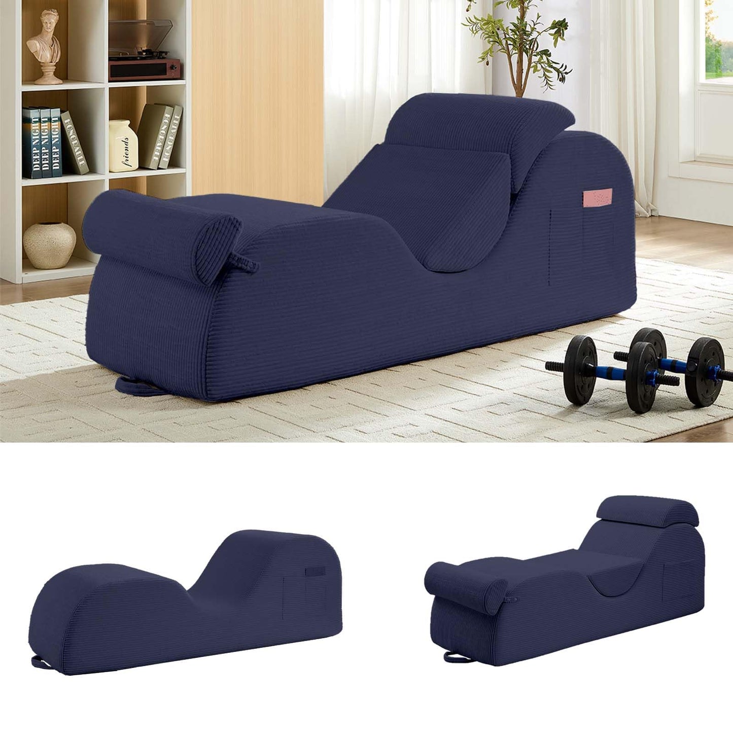 Fauteuil de salon intime en velours côtelé bleu large