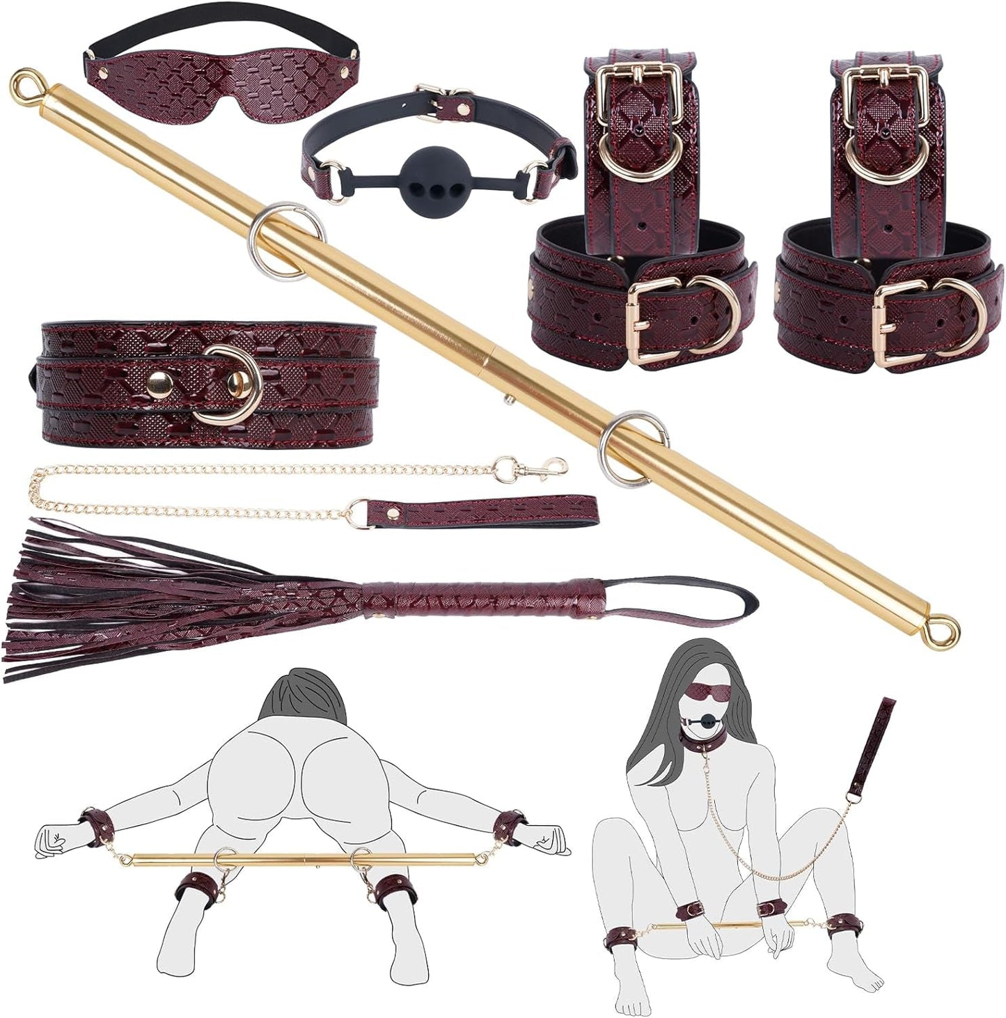 CrimsonRoyale Kit de Bondage BDSM avec Écarteur 10 Pièces