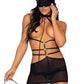 Cage Strap O-Ring Harness Mini Dress with Attached Leash and Matching Eye Mask