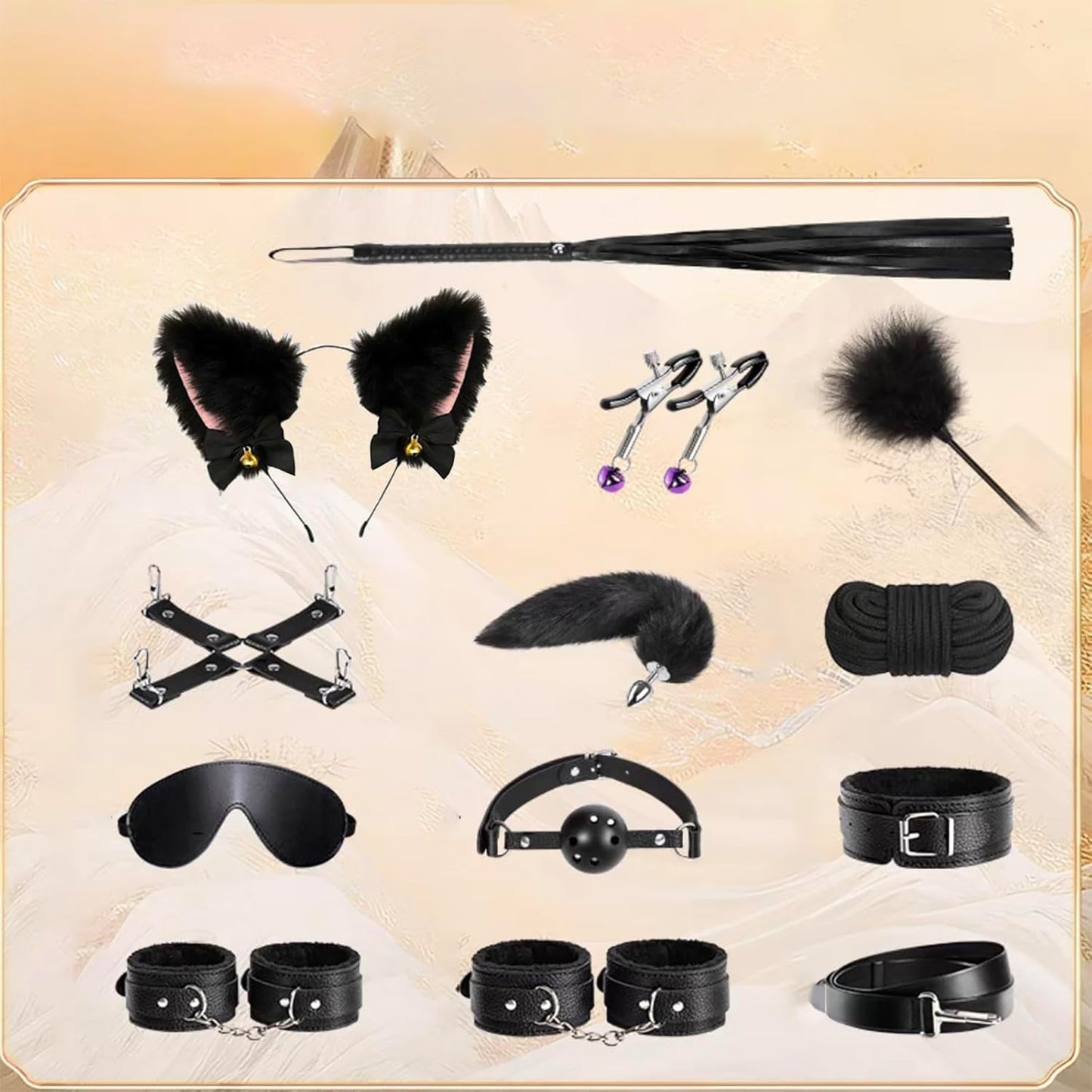MidnightKink Kit BDSM de 12 piezas con cola, plug anal y set de sujeciones