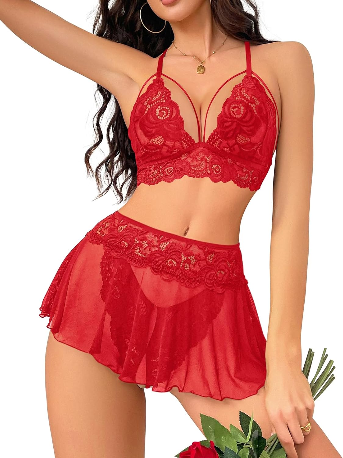 Ensemble de lingerie 3 pièces avec jupe en dentelle CharmLace