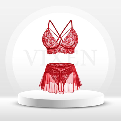 Ensemble de lingerie 3 pièces avec jupe en dentelle CharmLace