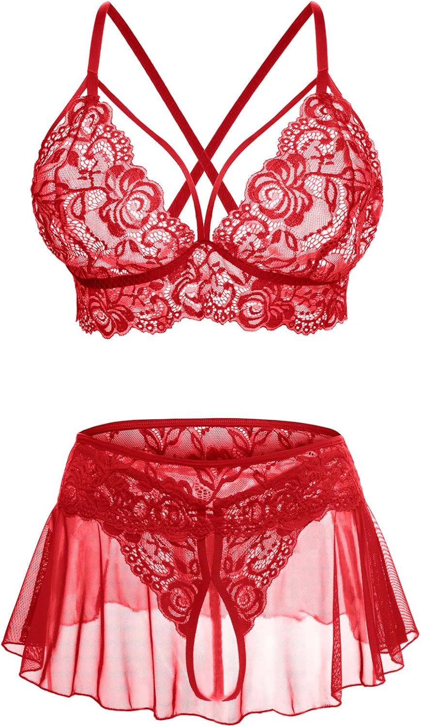 Ensemble de lingerie 3 pièces avec jupe en dentelle CharmLace