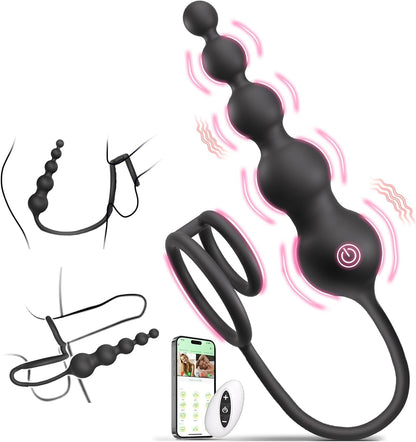 Anillo para el pene BeadCoreX con masajeador de próstata y cuentas, control remoto por aplicación, 9 modos