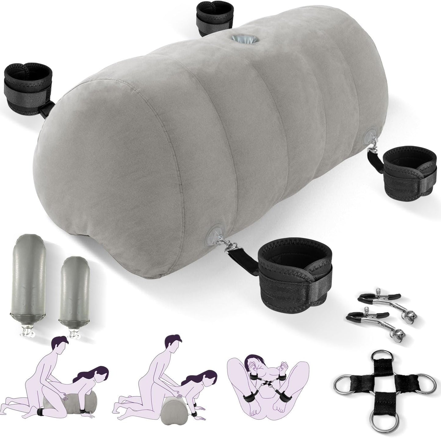 Almohada inflable de bondage con forma de corazón | Cojín de montaje para juguetes con puños, correas y pinzas | Kit de cuña para dormitorio para parejas