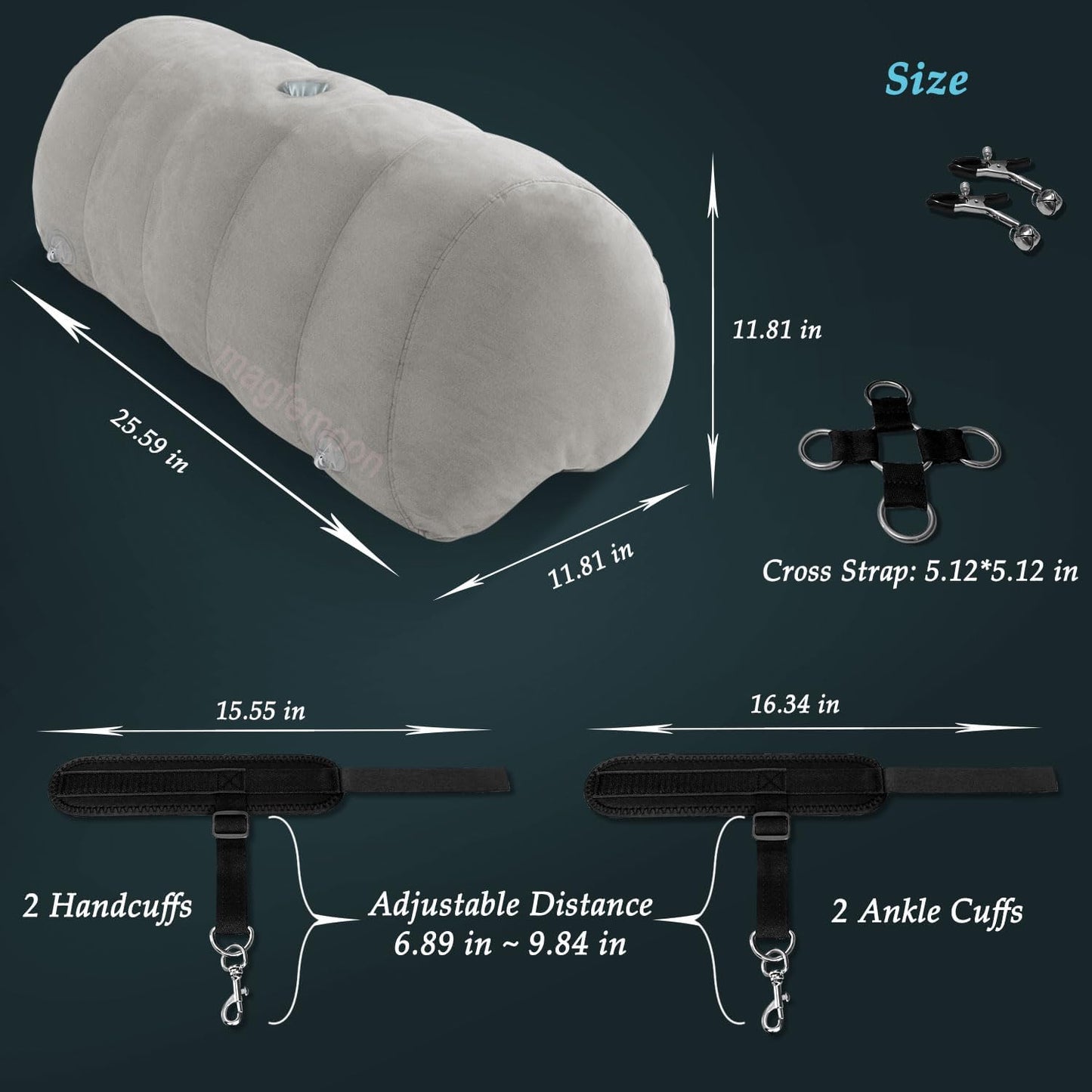 Almohada inflable de bondage con forma de corazón | Cojín de montaje para juguetes con puños, correas y pinzas | Kit de cuña para dormitorio para parejas