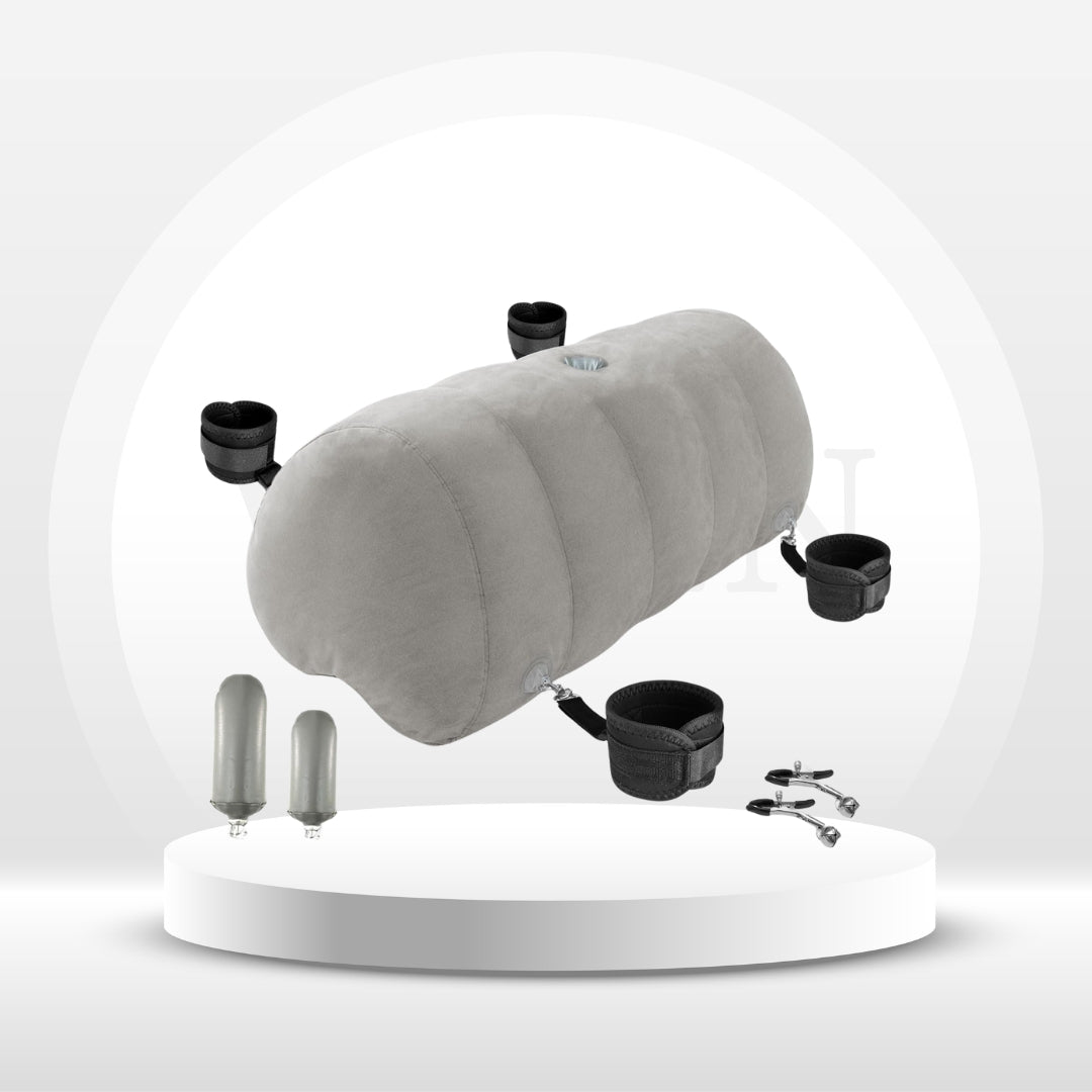 Almohada inflable de bondage con forma de corazón | Cojín de montaje para juguetes con puños, correas y pinzas | Kit de cuña para dormitorio para parejas