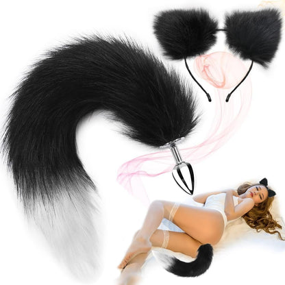 FrostTip Black White Fox Tail Steel Butt Plug 13"