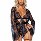 Eyelash Lace Garter Teddy with G-String Back and Adjustable Straps, Lace Robe and Ribbon Tie