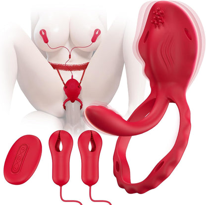 TriLink 3 en 1: pinzas para pezones con control remoto y vibrador de anillo para parejas