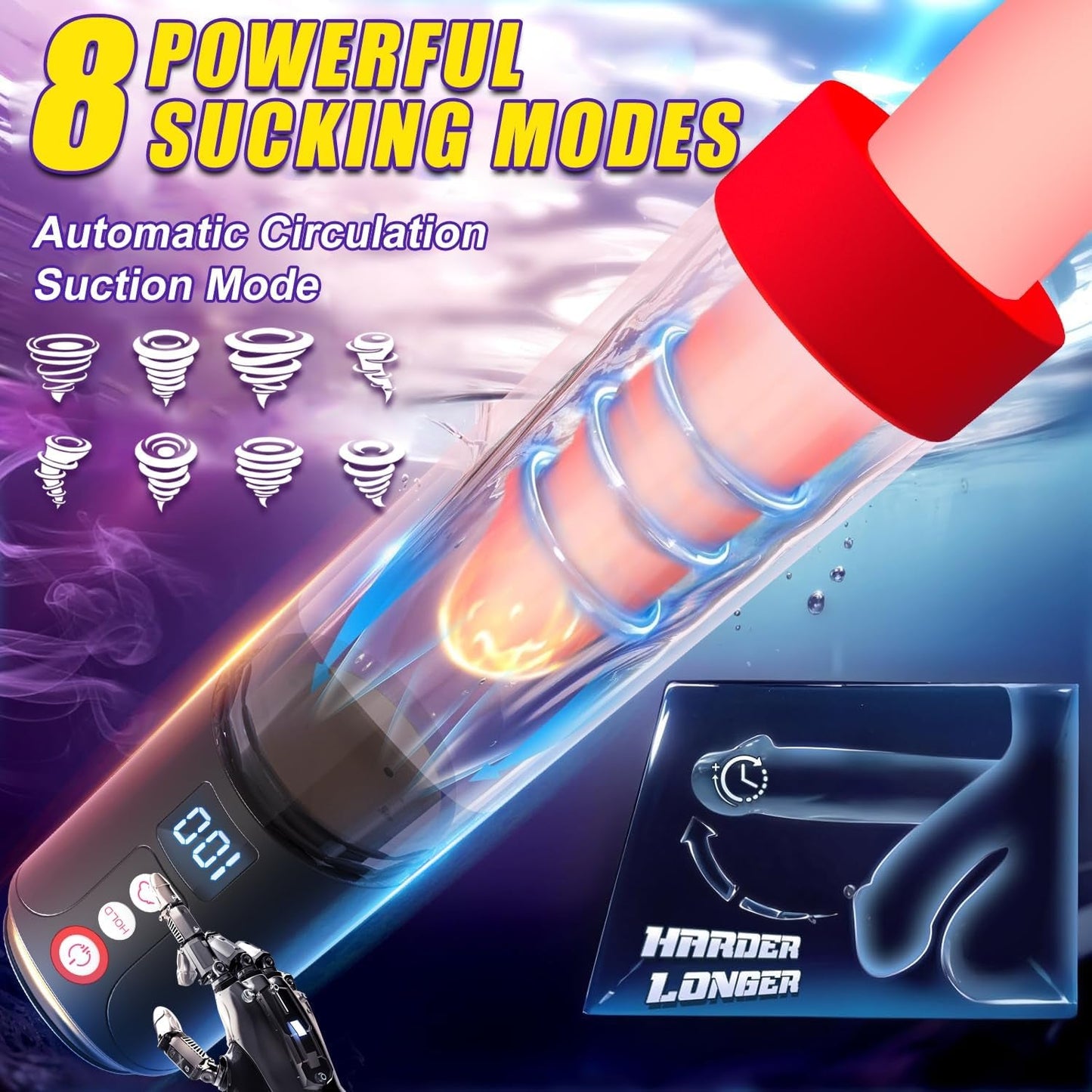 Bomba para pene VacuRise, 8 modos de succión, pantalla LED