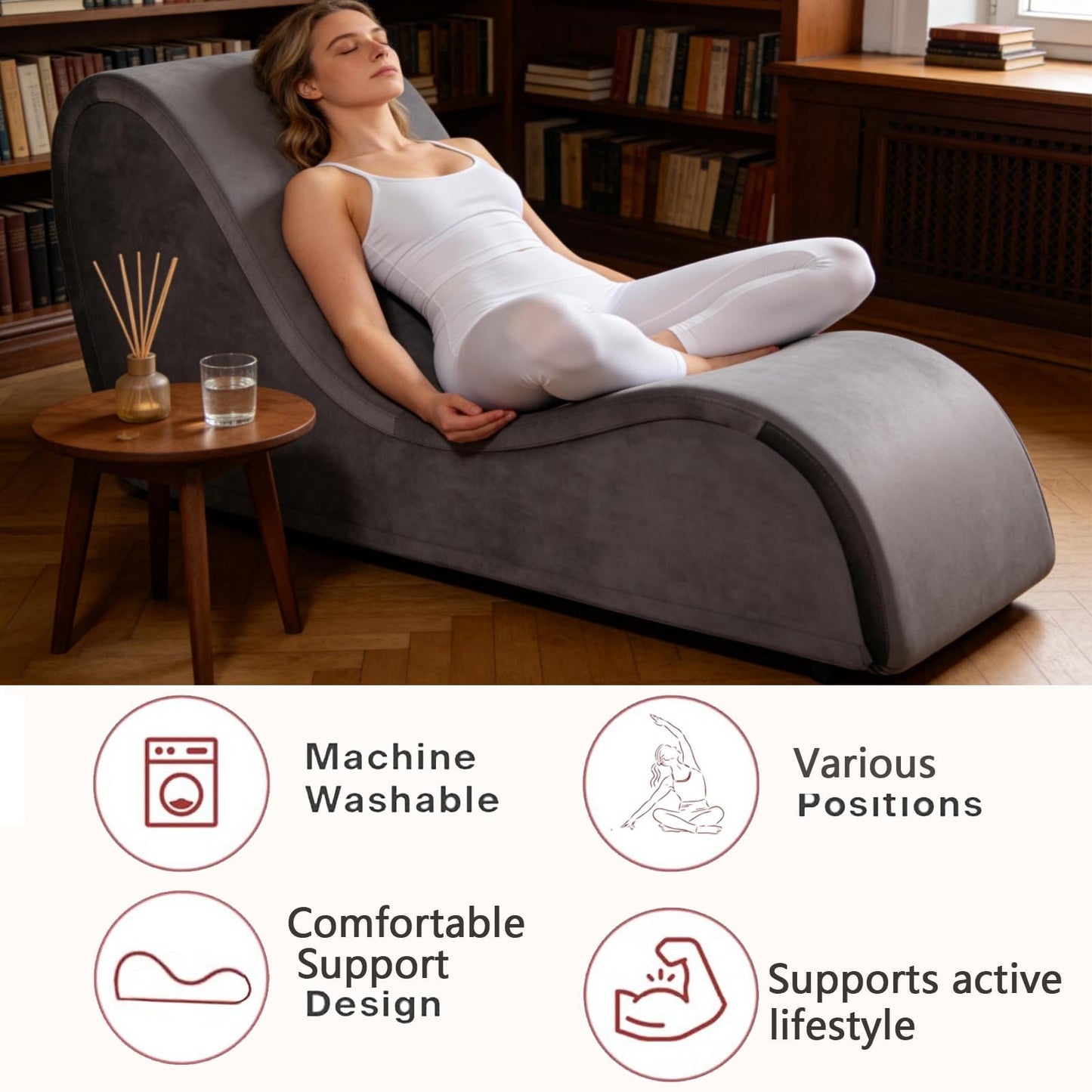 Chaise de terciopelo gris para una experiencia íntima
