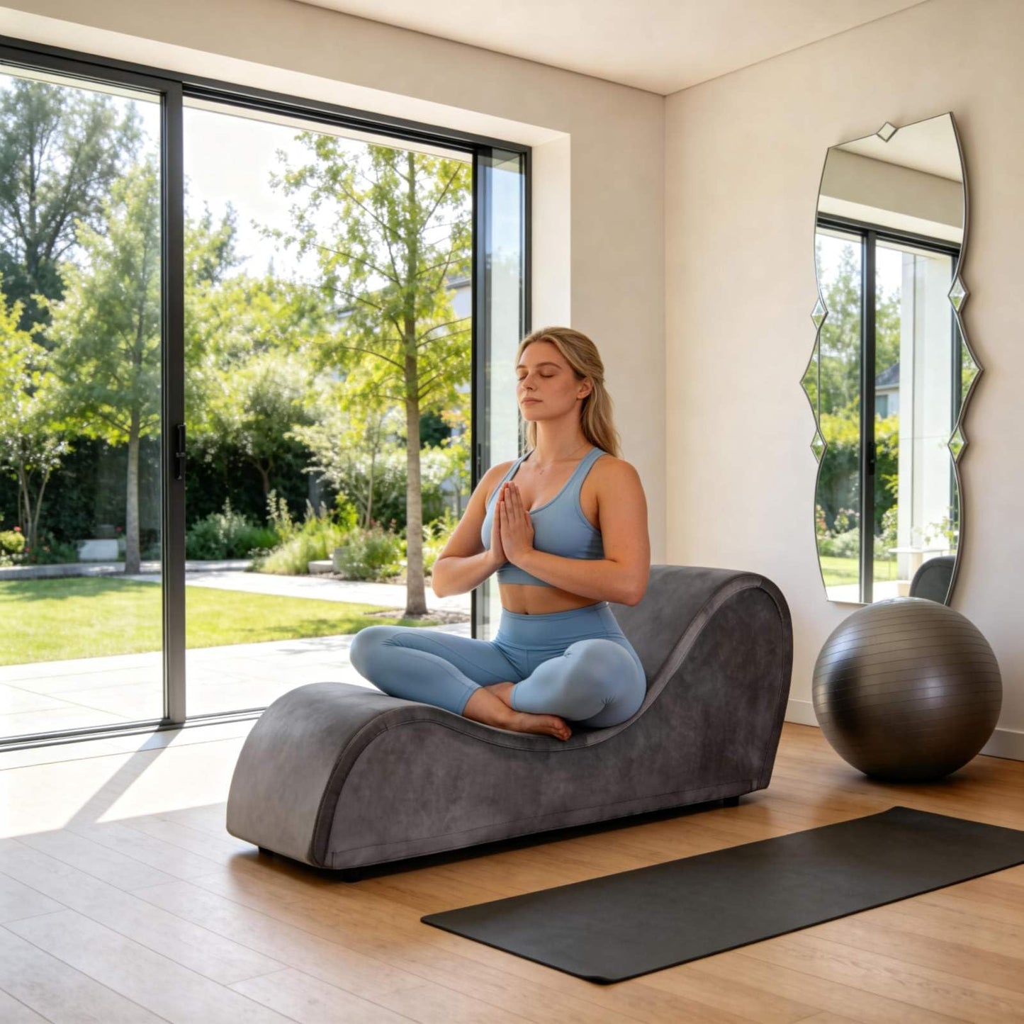 Chaise de terciopelo gris para una experiencia íntima