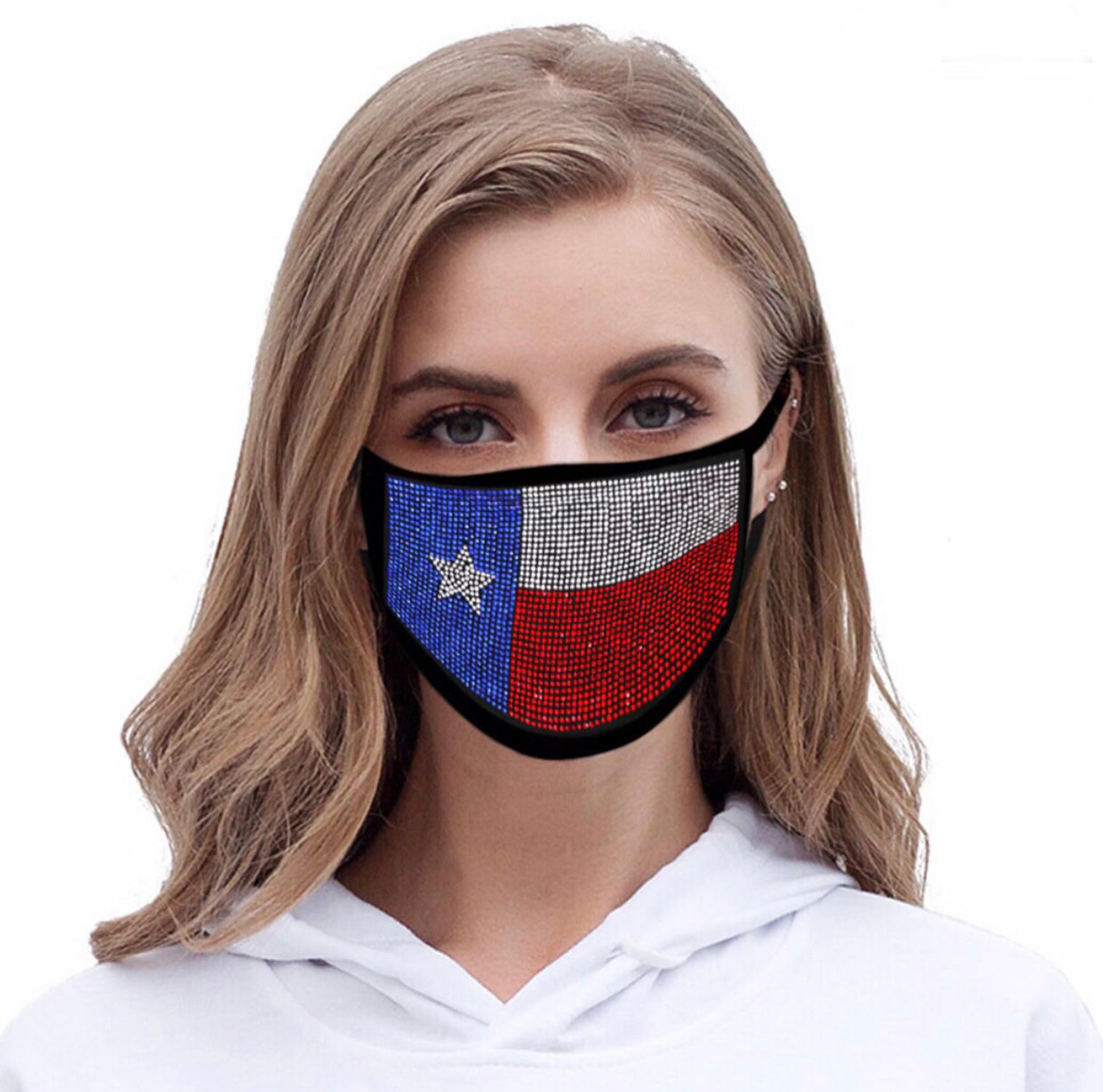 Mascarilla de malla con pedrería y diseño de la bandera de Texas