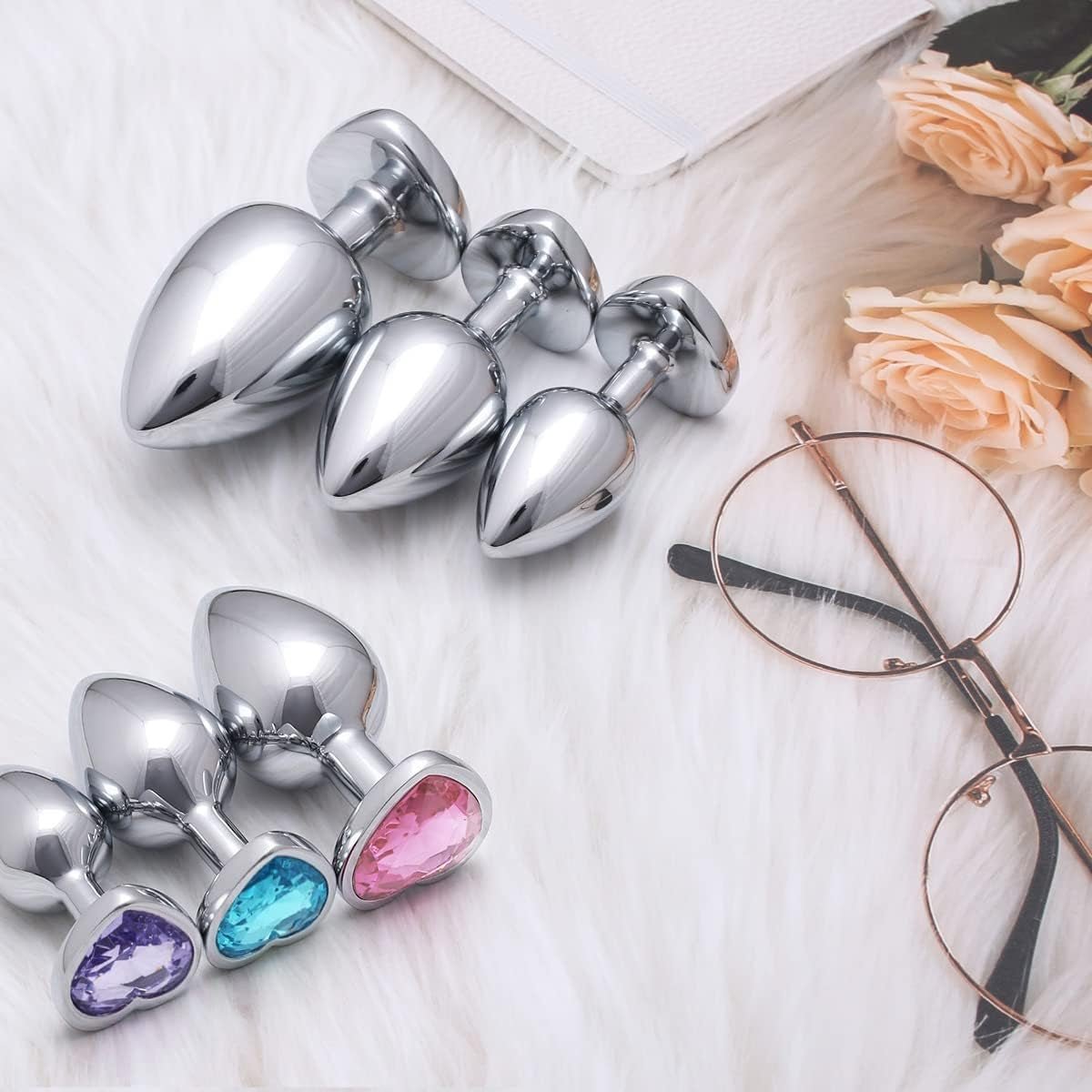 JewelTrio 3-Piece Metal Heart Jewel Butt Plug Set