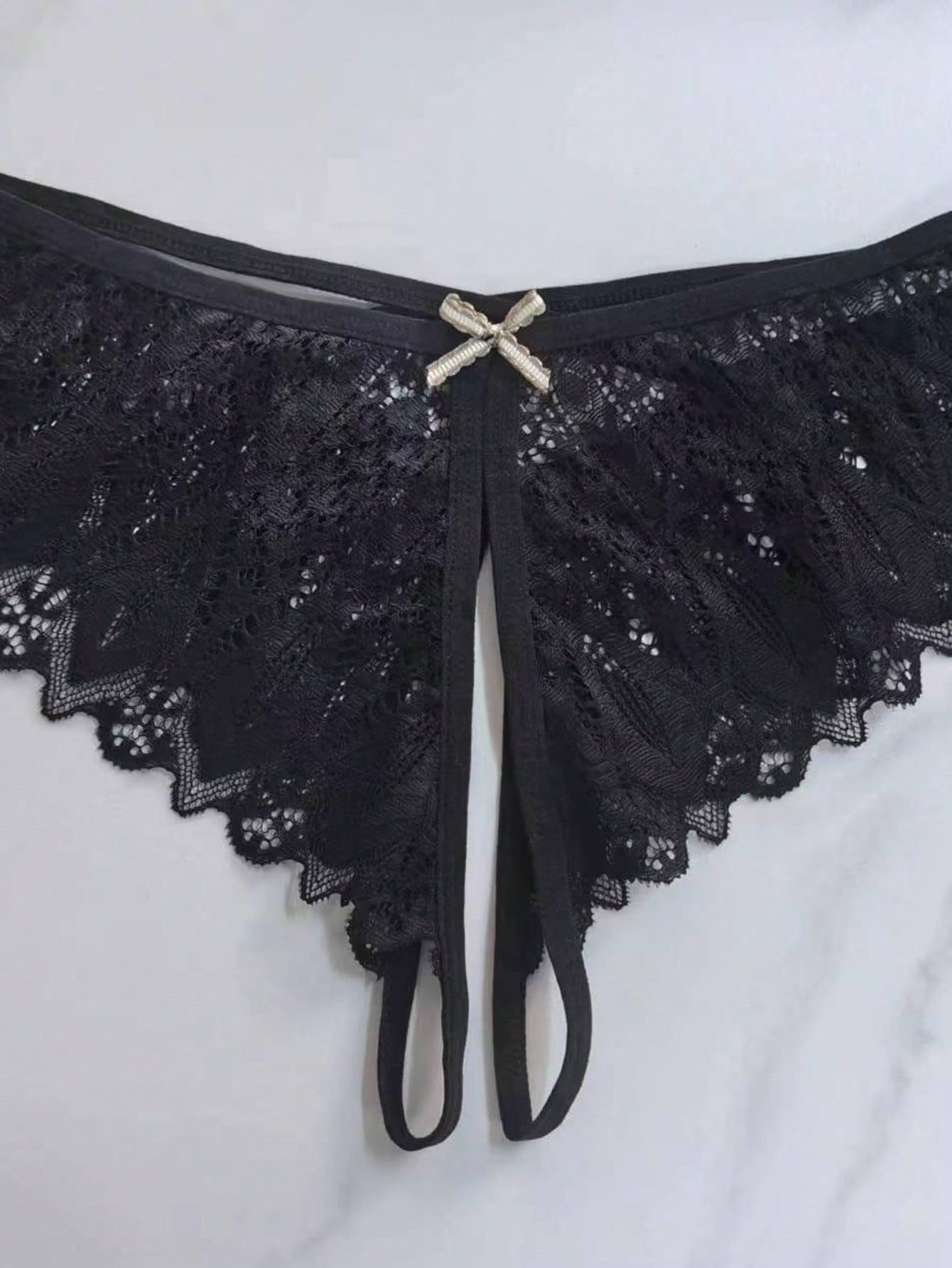 MakeMeChic Women's Floral Lace Panties Criss Cross Cut Out Lace Trim Bow Knot Briefs Sexy Underwear Black A Large