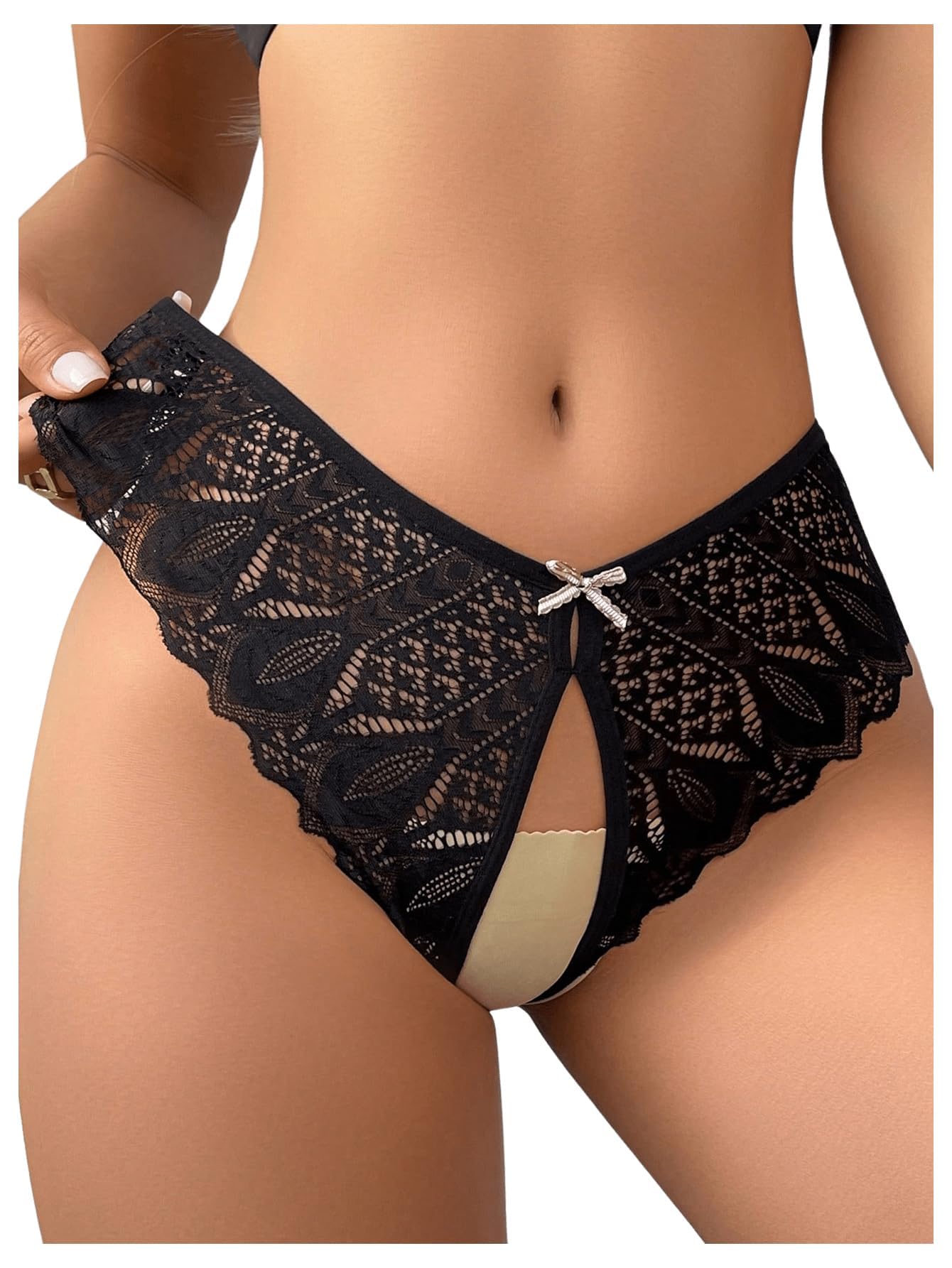 MakeMeChic Women's Floral Lace Panties Criss Cross Cut Out Lace Trim Bow Knot Briefs Sexy Underwear Black A Large