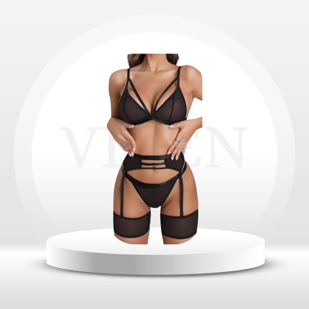Conjunto de lencería de malla de 4 piezas MidnightMuse