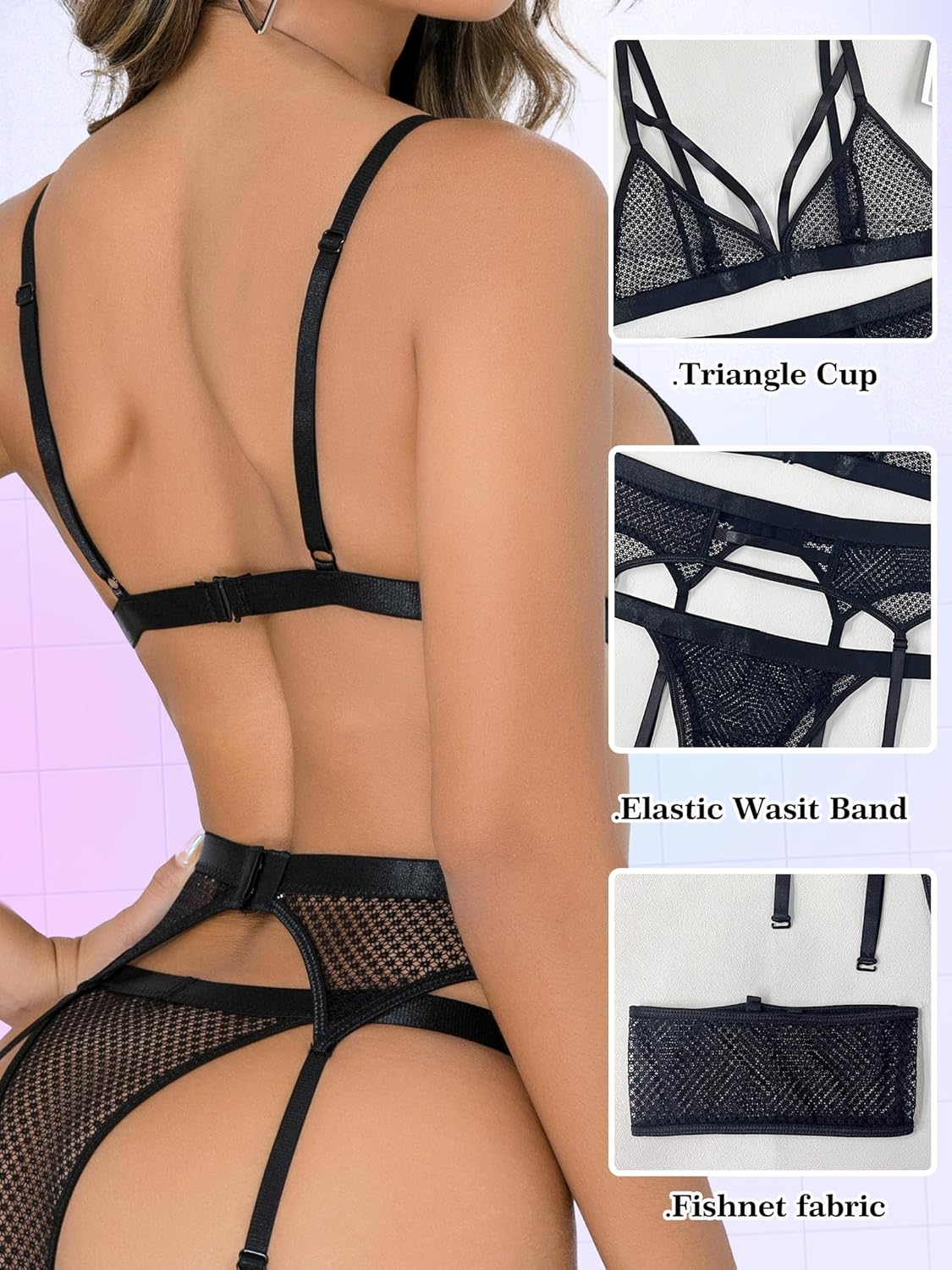 Conjunto de lencería de malla de 4 piezas MidnightMuse