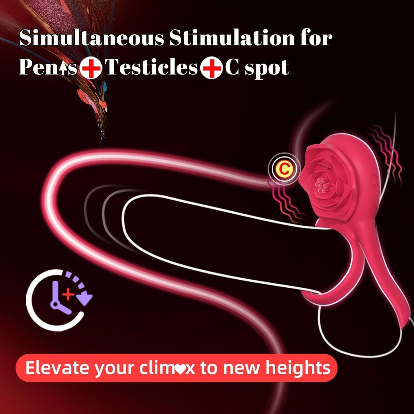 PetalLock Vibrating Cock Ring Rose Red Clitoral Stim 7 Modes