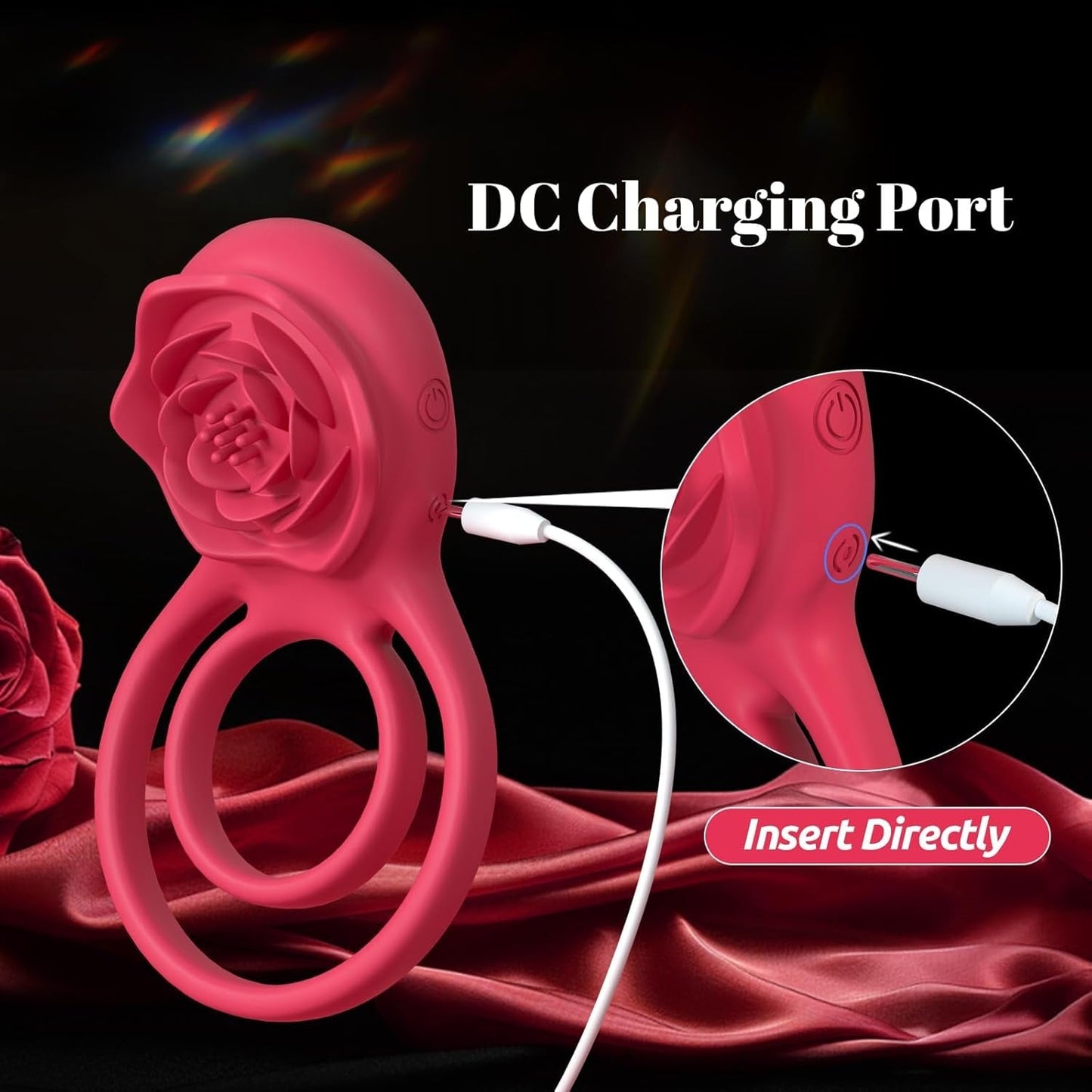 PetalLock Vibrating Cock Ring Rose Red Clitoral Stim 7 Modes
