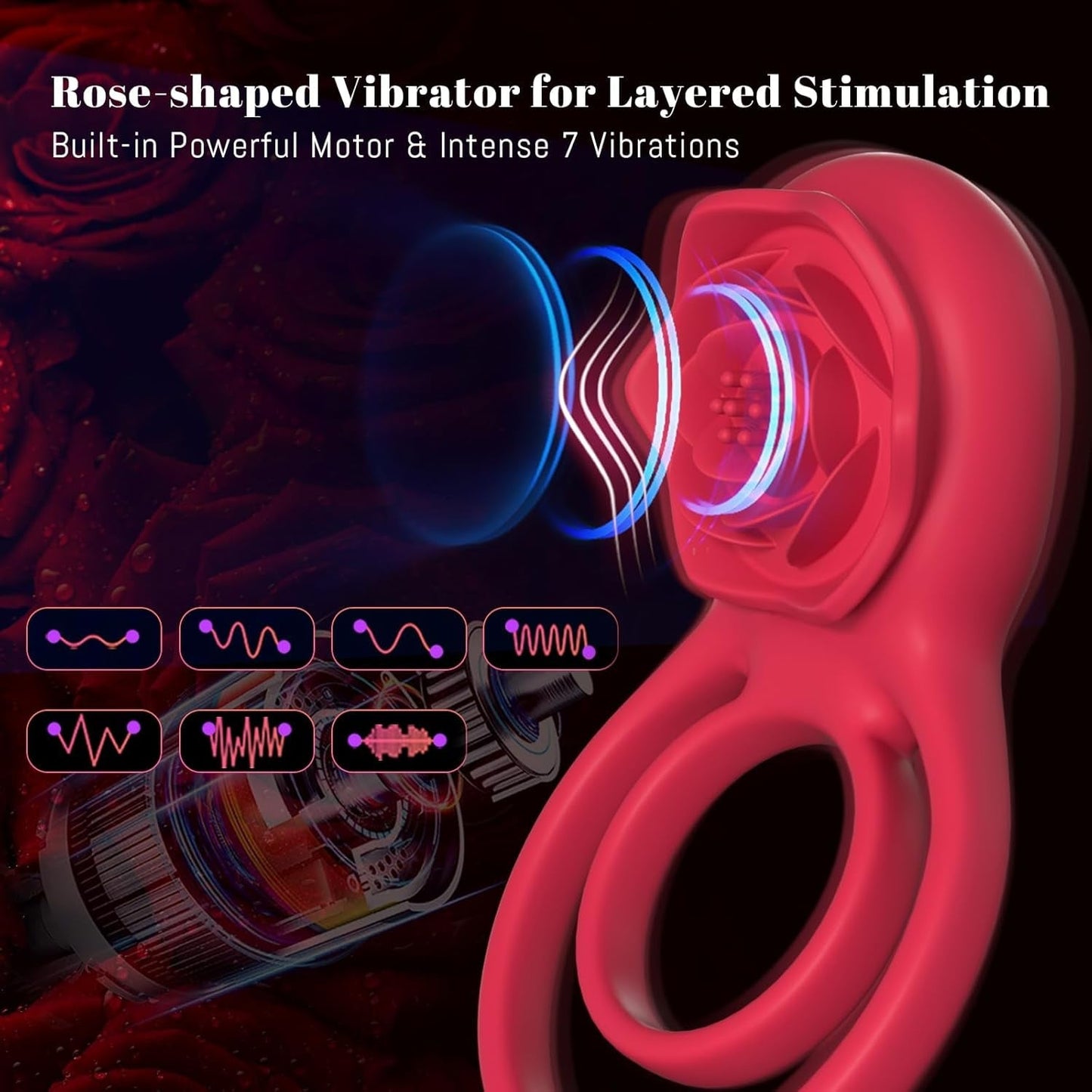 PetalLock Vibrating Cock Ring Rose Red Clitoral Stim 7 Modes