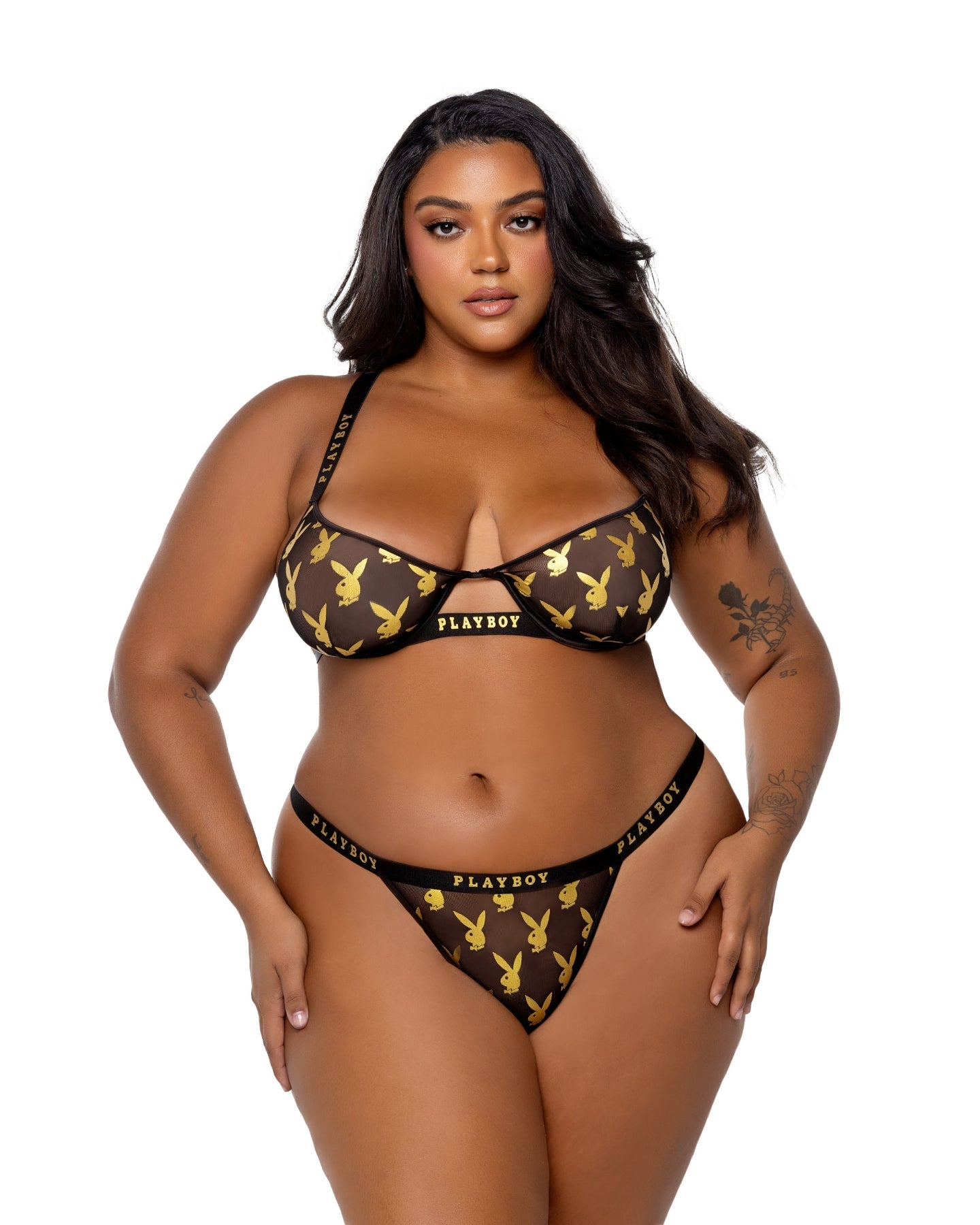 Conjunto de Sujetador Playboy de Conejito Metalizado Negro y Dorado