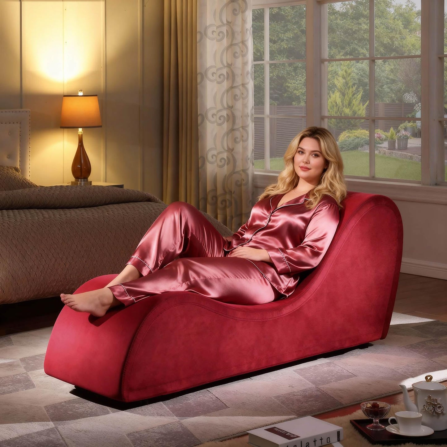 Chaise longue intime en velours rouge