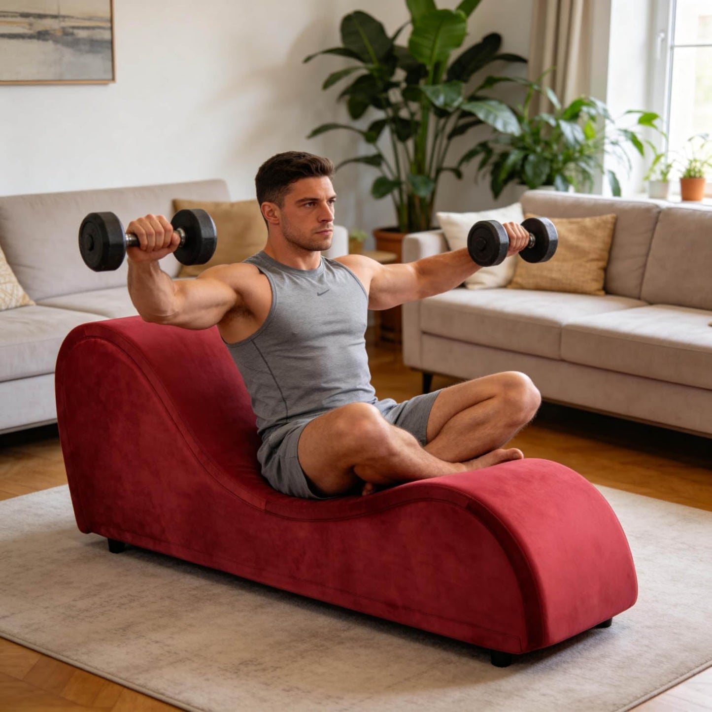 Chaise longue intime en velours rouge