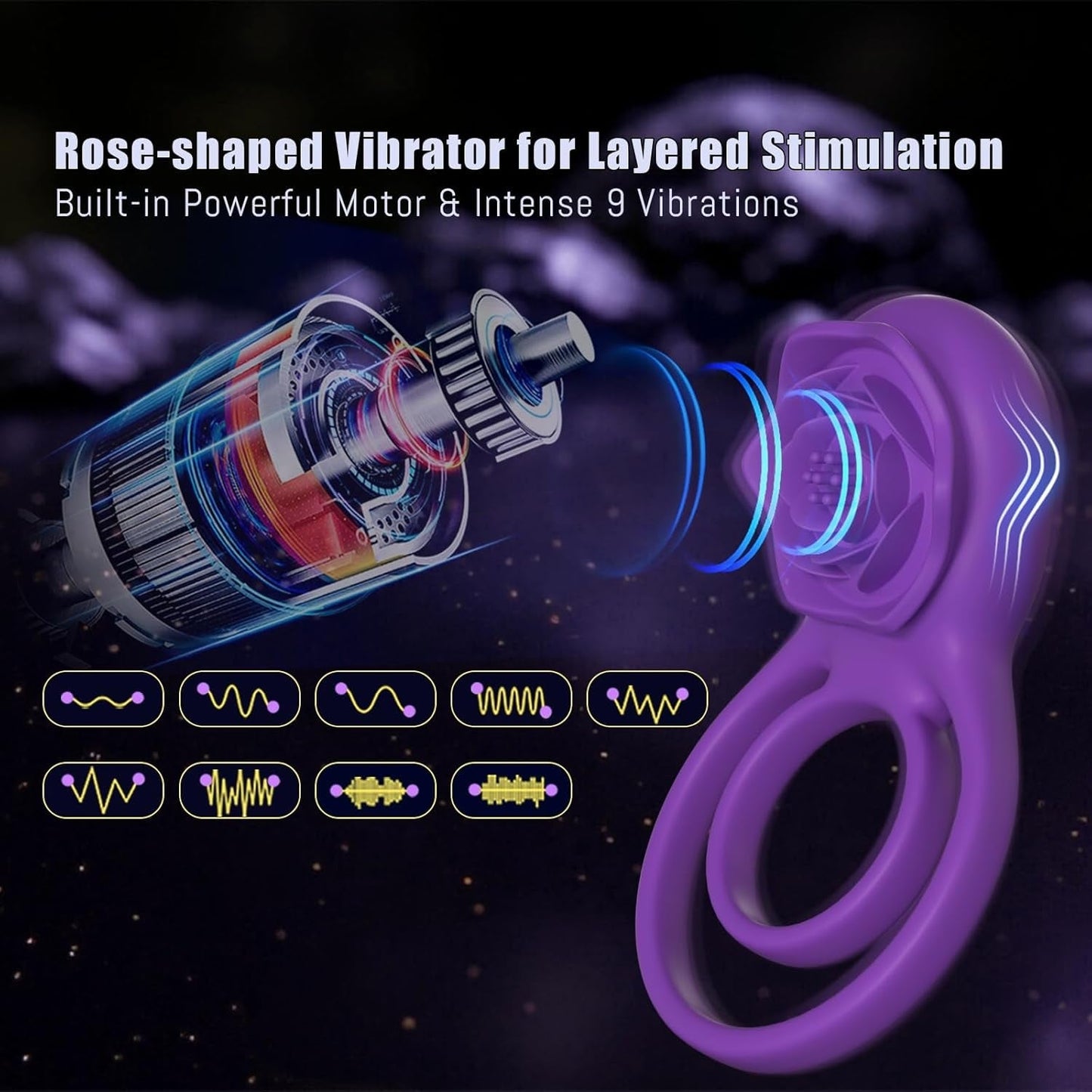 RoseBind Vibrating Dual Cock Ring Rose Clitoral 7 Modes