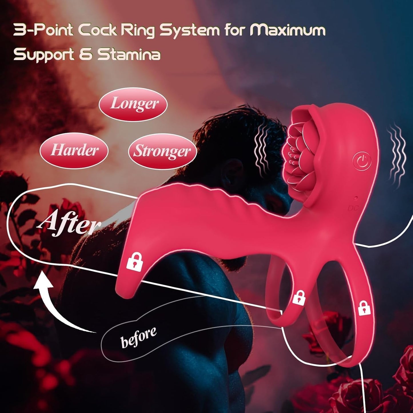 RoseTrinity Cock Ring Clit Stim Girth Sleeve 3-Ring 9 Modes