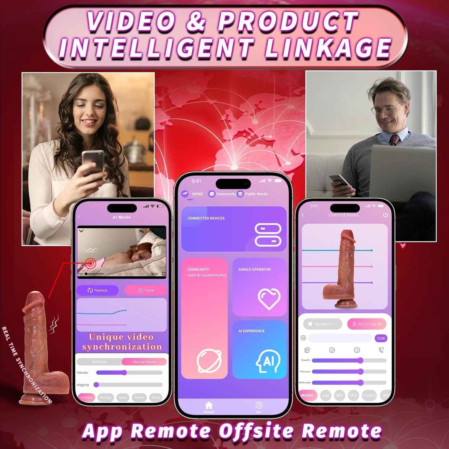 Gode-pénis SkinSync AI Sync à poussée contrôlée par application avec prépuce
