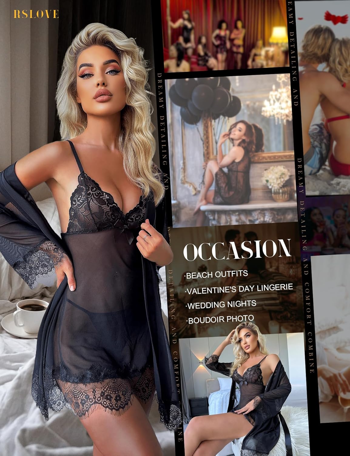 Conjunto de 3 piezas de babydoll y bata VelvetFlame