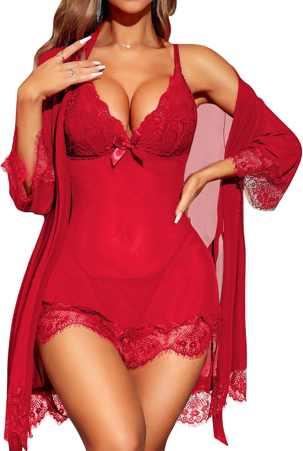 Conjunto de 3 piezas de babydoll y bata VelvetFlame