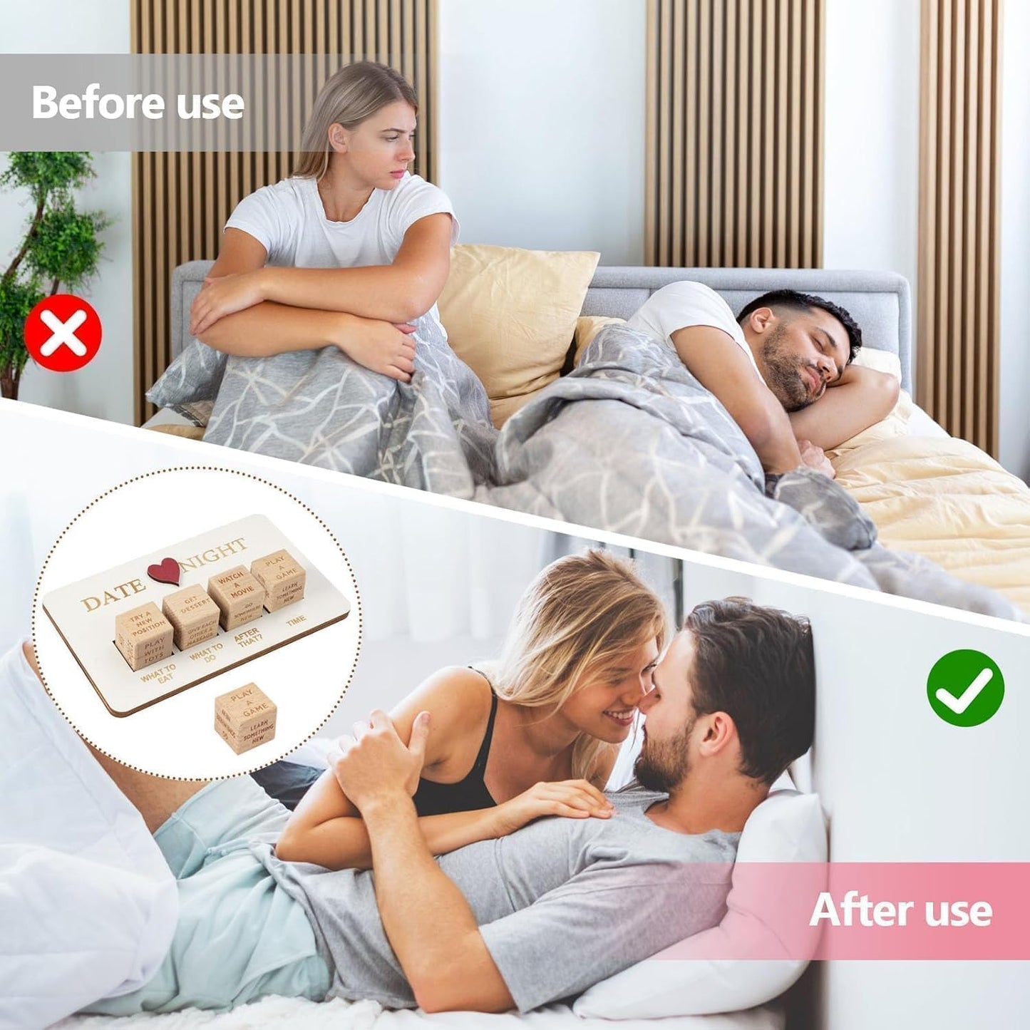Dés de décision de rendez-vous romantique en bois