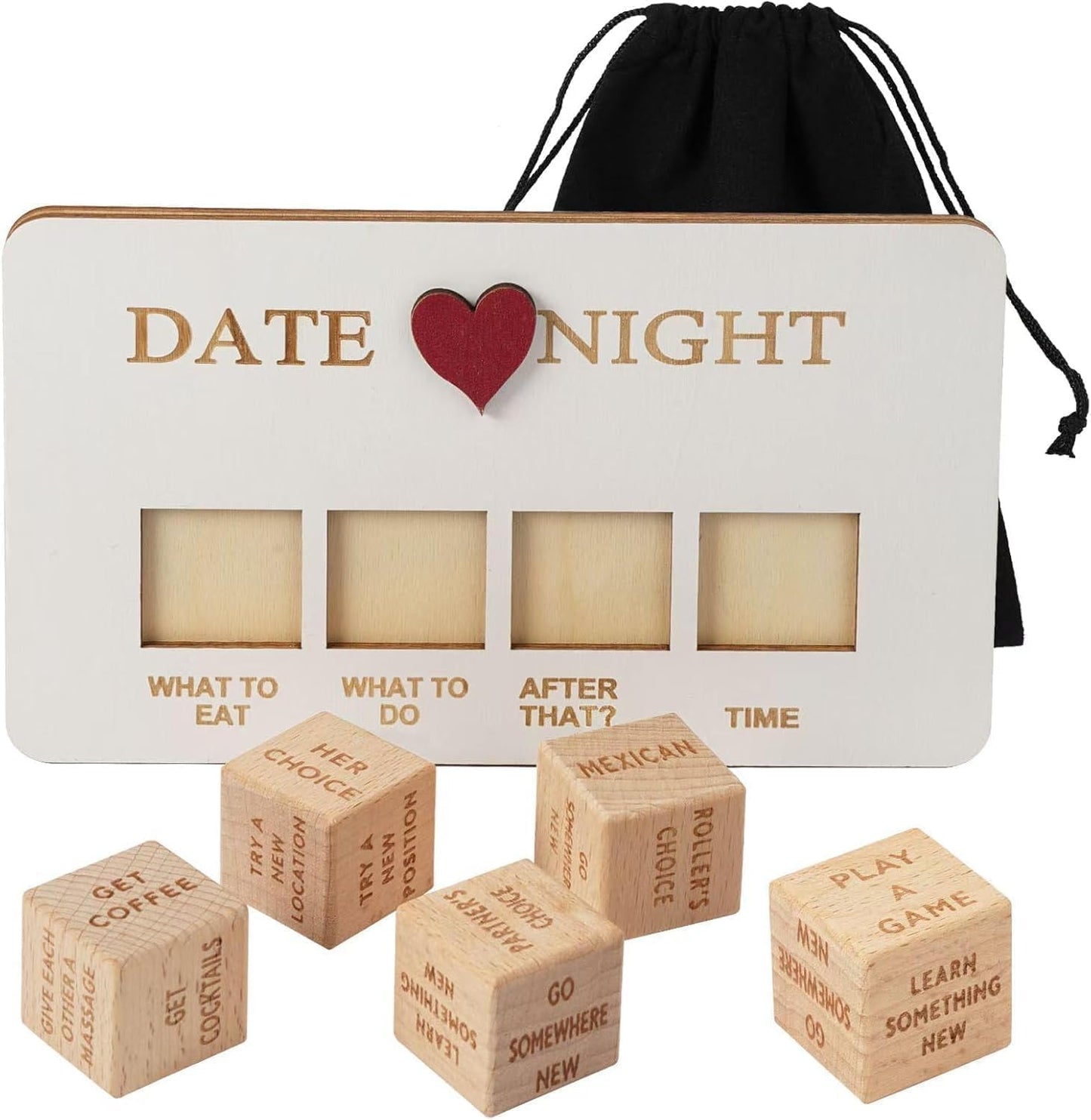 Dés de décision de rendez-vous romantique en bois