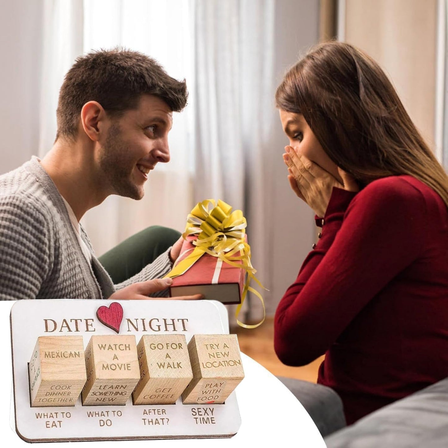 Dés de décision de rendez-vous romantique en bois